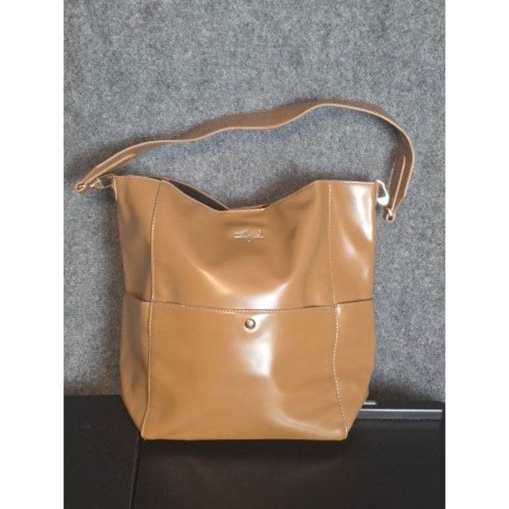 K. Eyre Camel Tan Faux Leather Hobo Bag Shoulder Tote Snap Pocket Minimalist